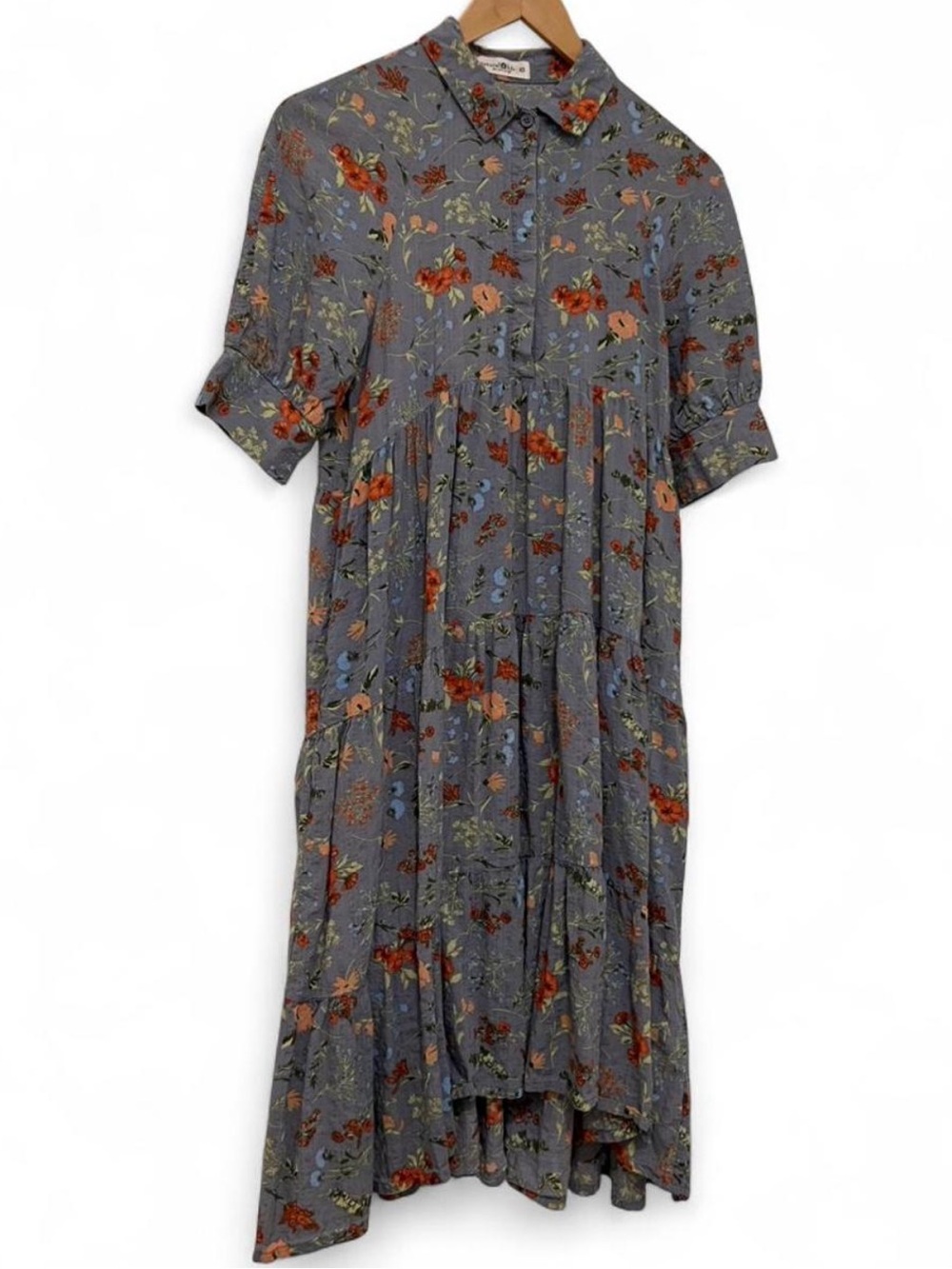 NATURAL LIFE Slate Blue Floral High-Low Tiered Midi Dress